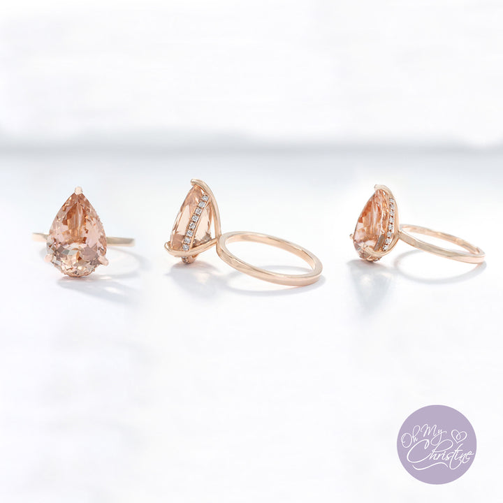 Peach Morganite Side Diamond Halo Ring / Diamond Hidden Halo Ring / Engagement Rings / Statement Rings / Elegant Ring for Her