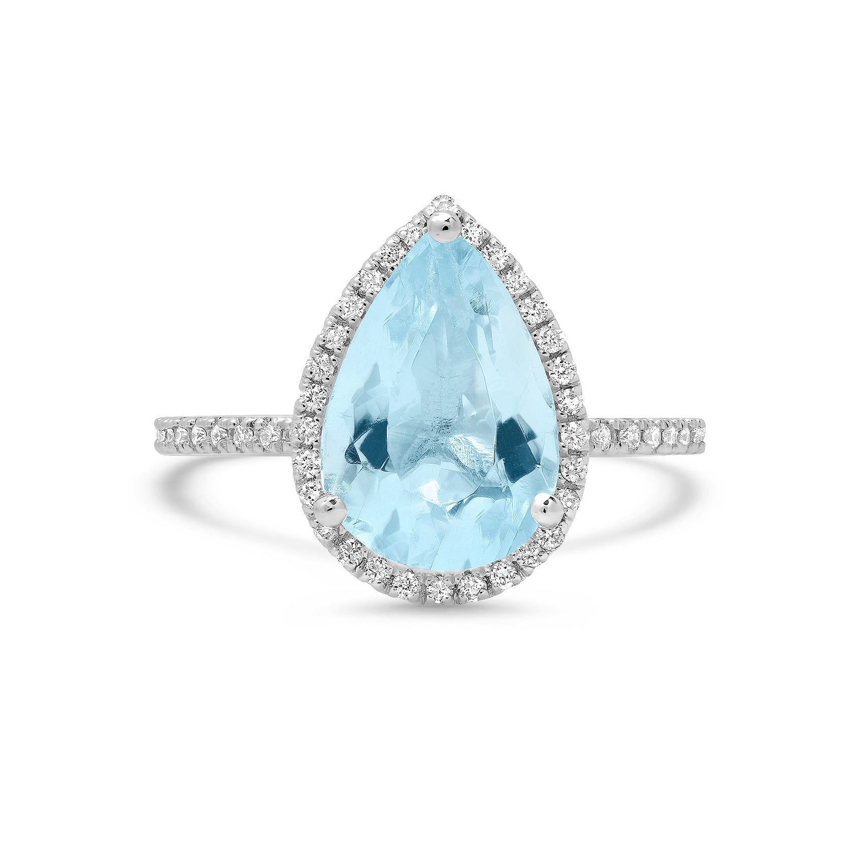 Pear shape aquamarine ring with diamond halo 3 ct