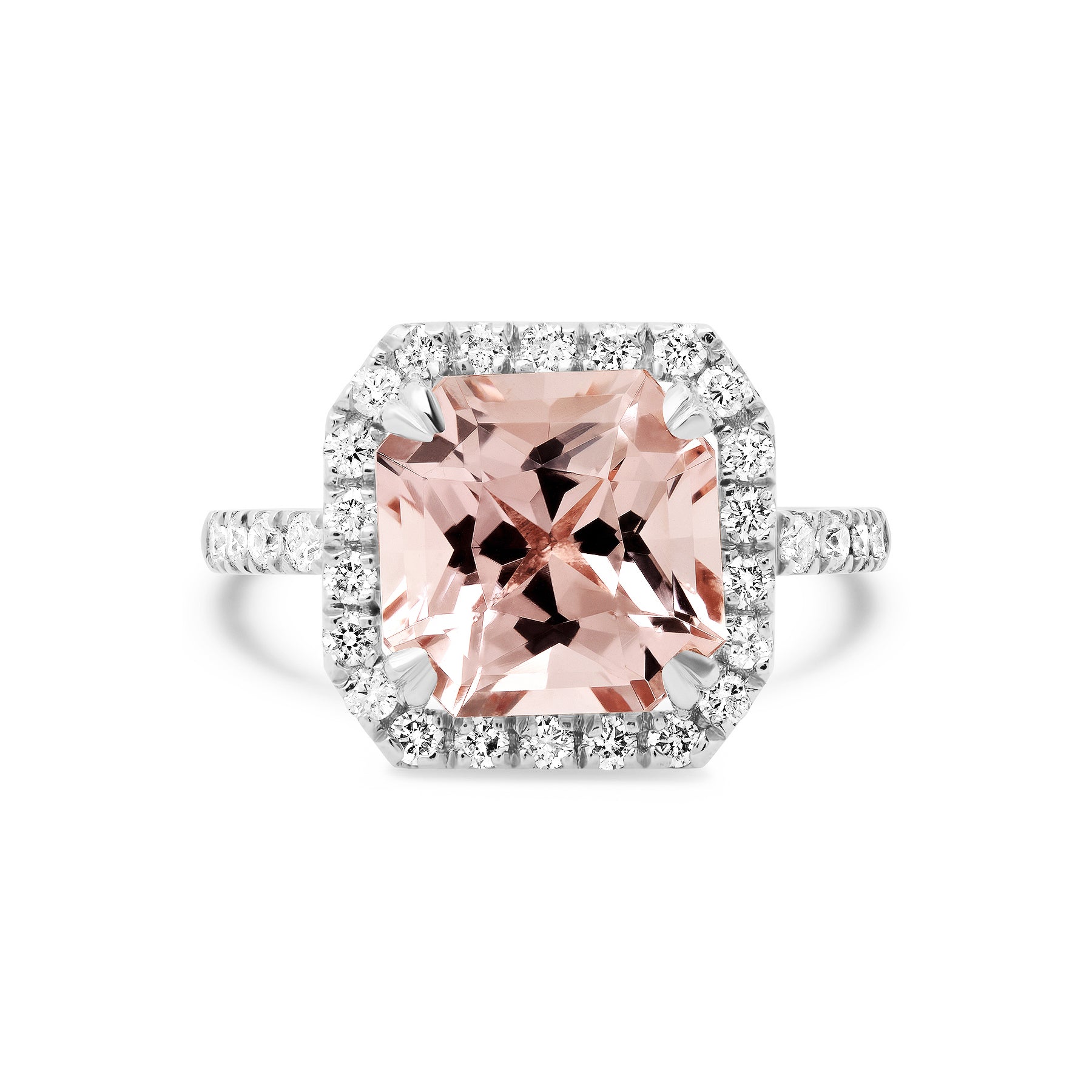Radiant Cut Morganite Ring | Hidden Diamond Halo Detail in 14k Gold