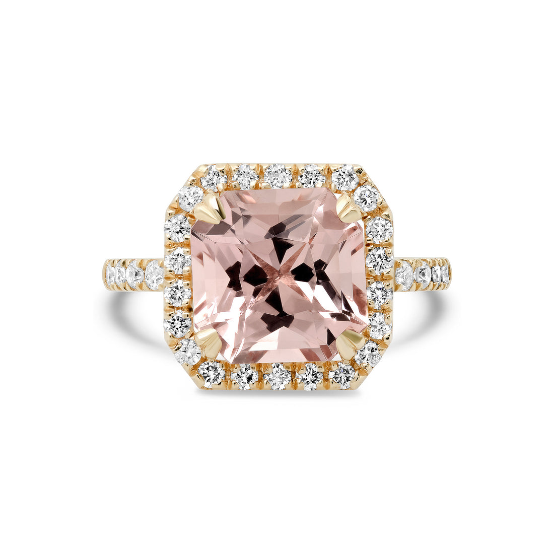 Radiant Cut Morganite Engagement Ring with Diamond Halo and Band in Rose Gold