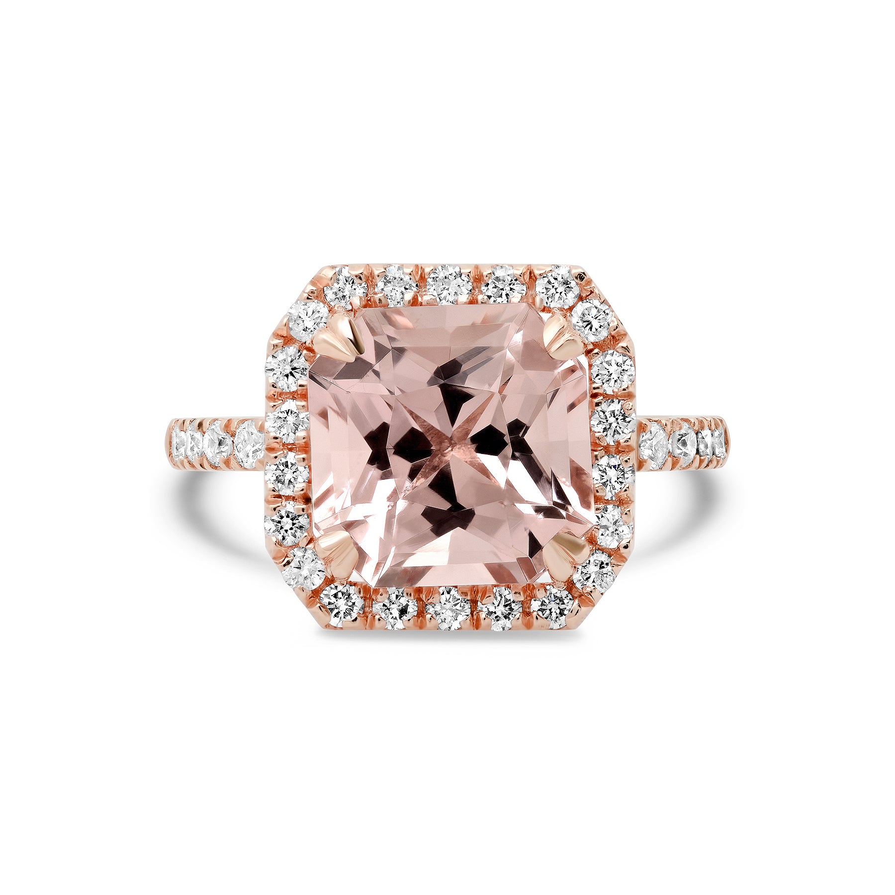 Radiant Cut Morganite Ring with Diamond Halo in 14k Gold