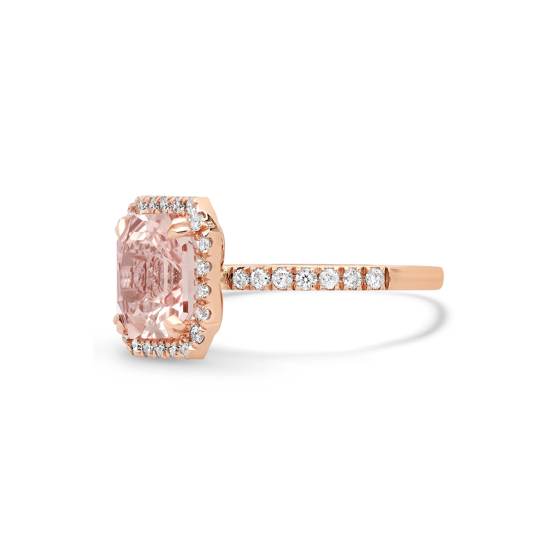 Radiant Cut Morganite Engagement Ring with Pavé Diamond Band
