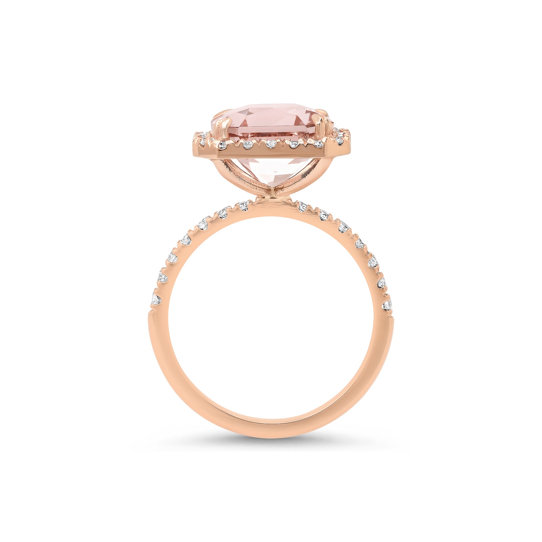 Side View of Radiant Cut Morganite Ring | Diamond Halo and Band
