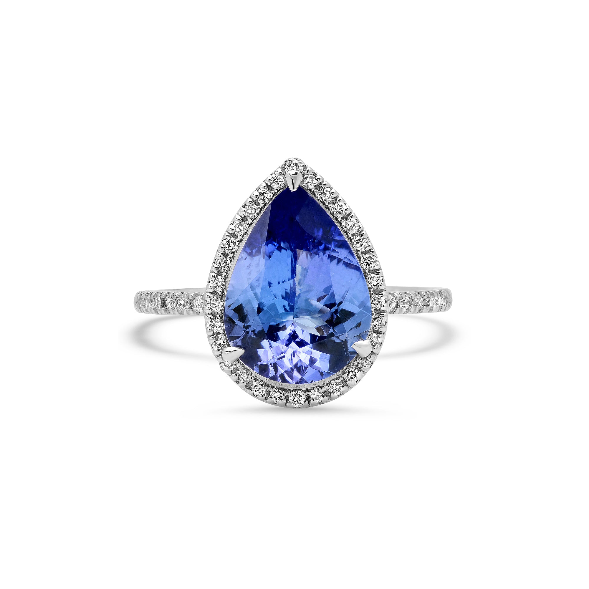 Tanzanite Birthstone Ring | Pear Shape Blue Stone with Diamond Halo