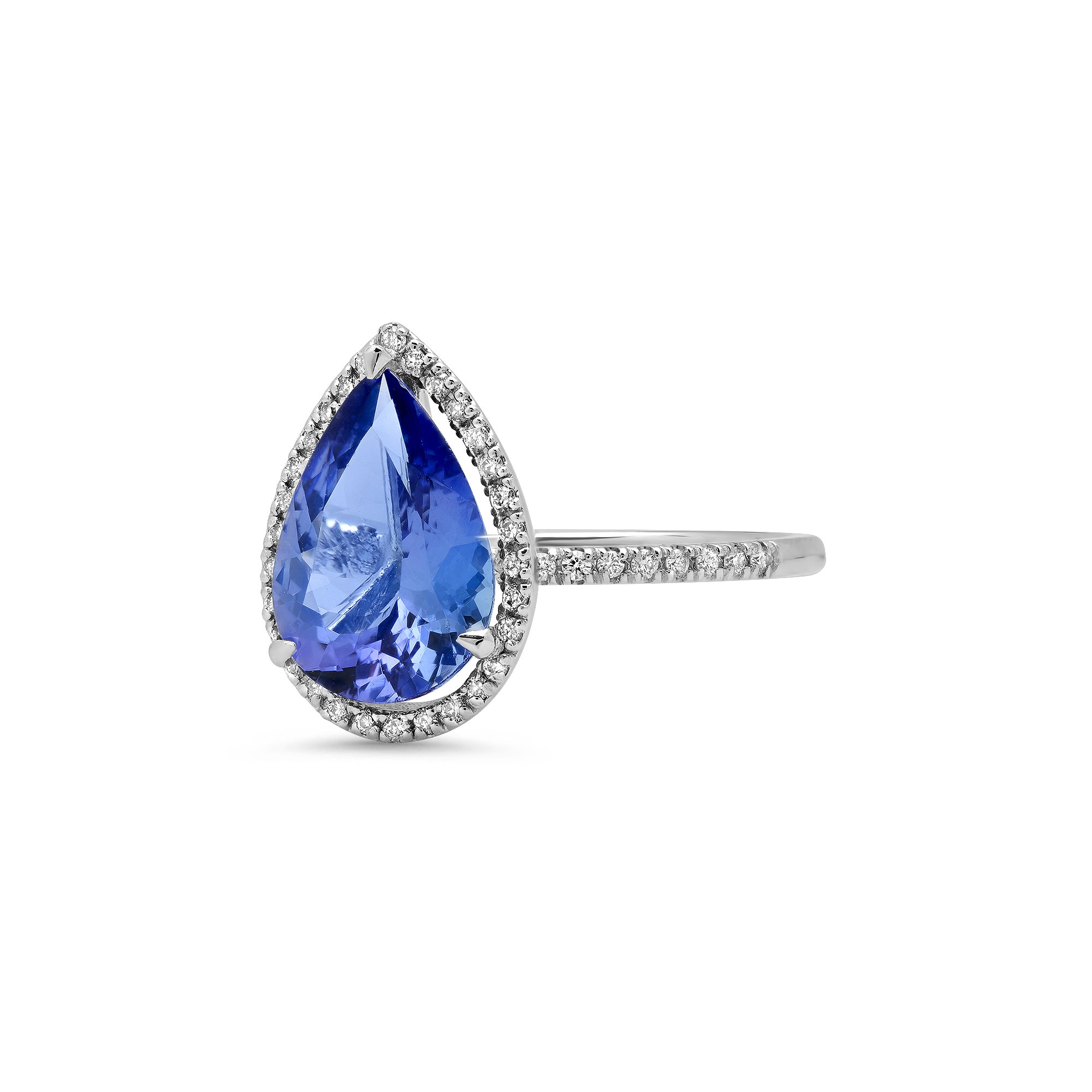 Pear Cut Blue Tanzanite Ring with Diamond Halo and 14k Gold Band