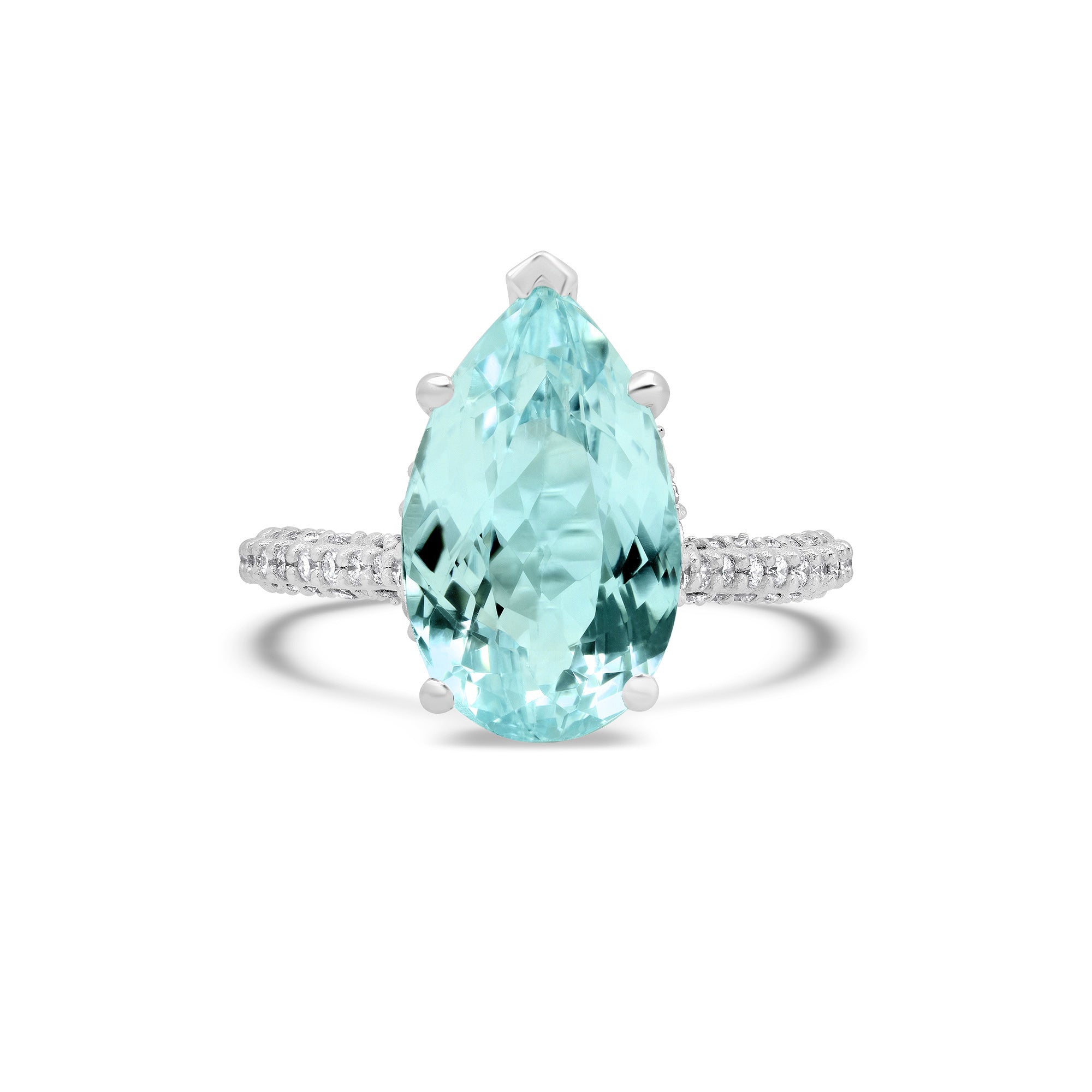 Aquamarine Birthstone Ring | Pear Shape Greenish Aquamarine Double Halo