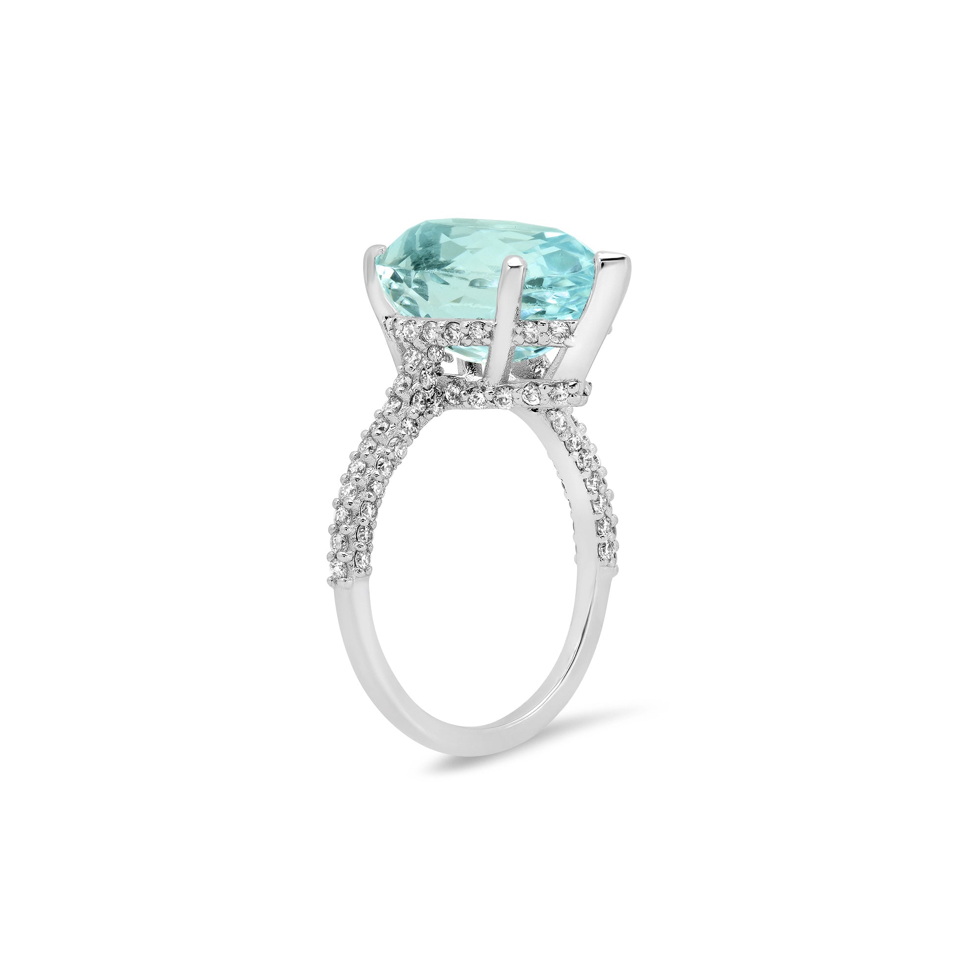 Aquamarine March Birthstone Ring | 3-Row Diamond Pave Band