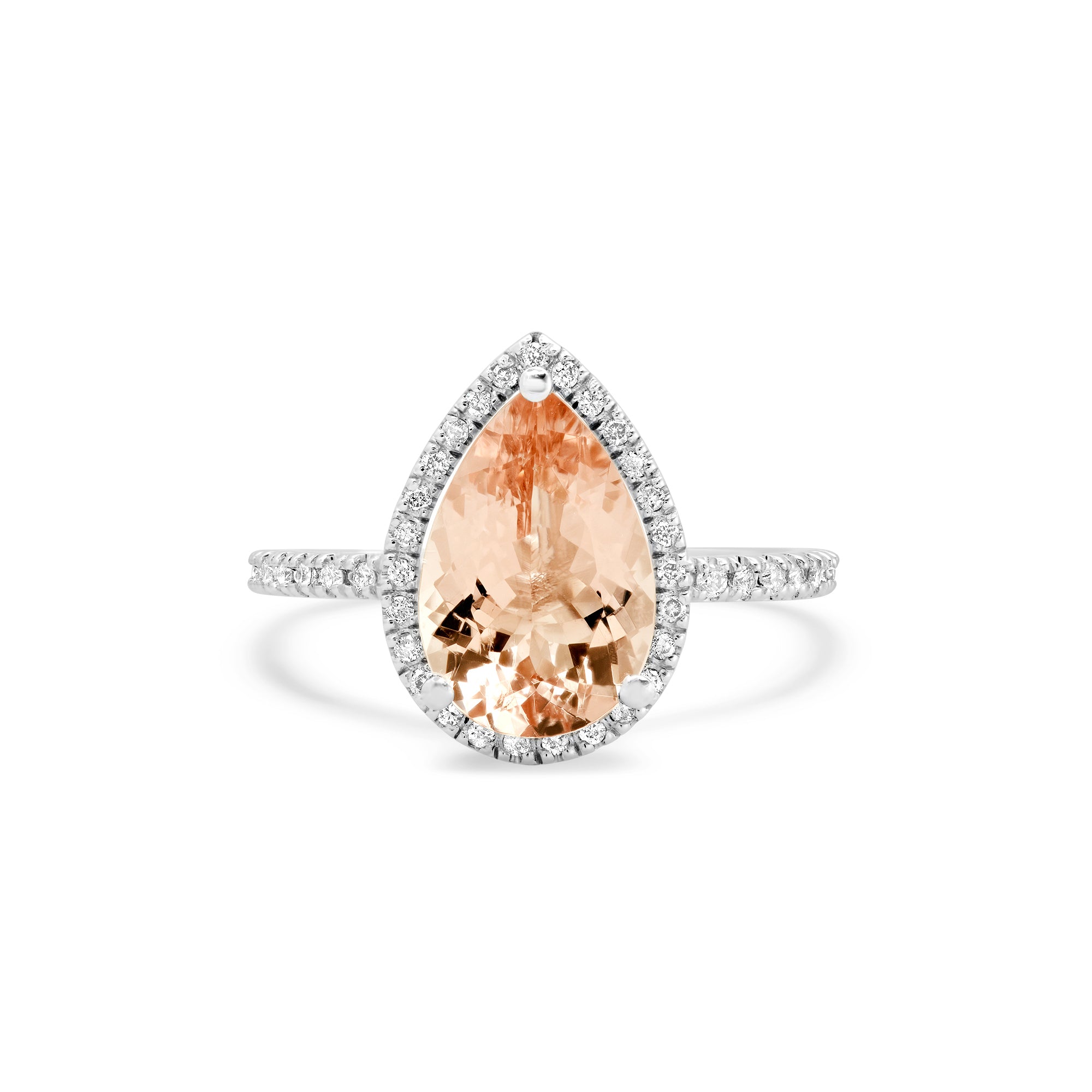 Pear pink morganite diamond halo ring in 14K gold