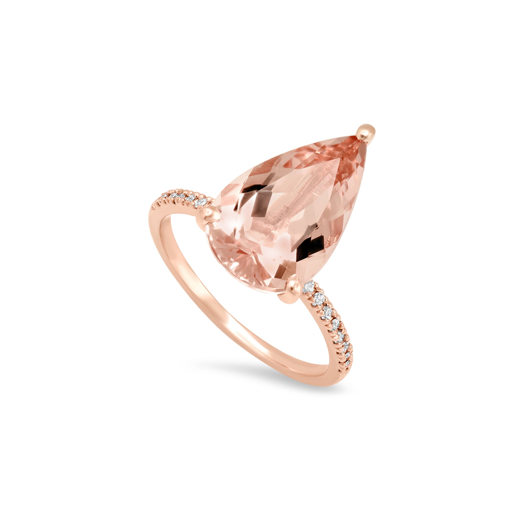 Side View of 5 ct Pear Shape Morganite Engagement Ring in 14k Rose Gold