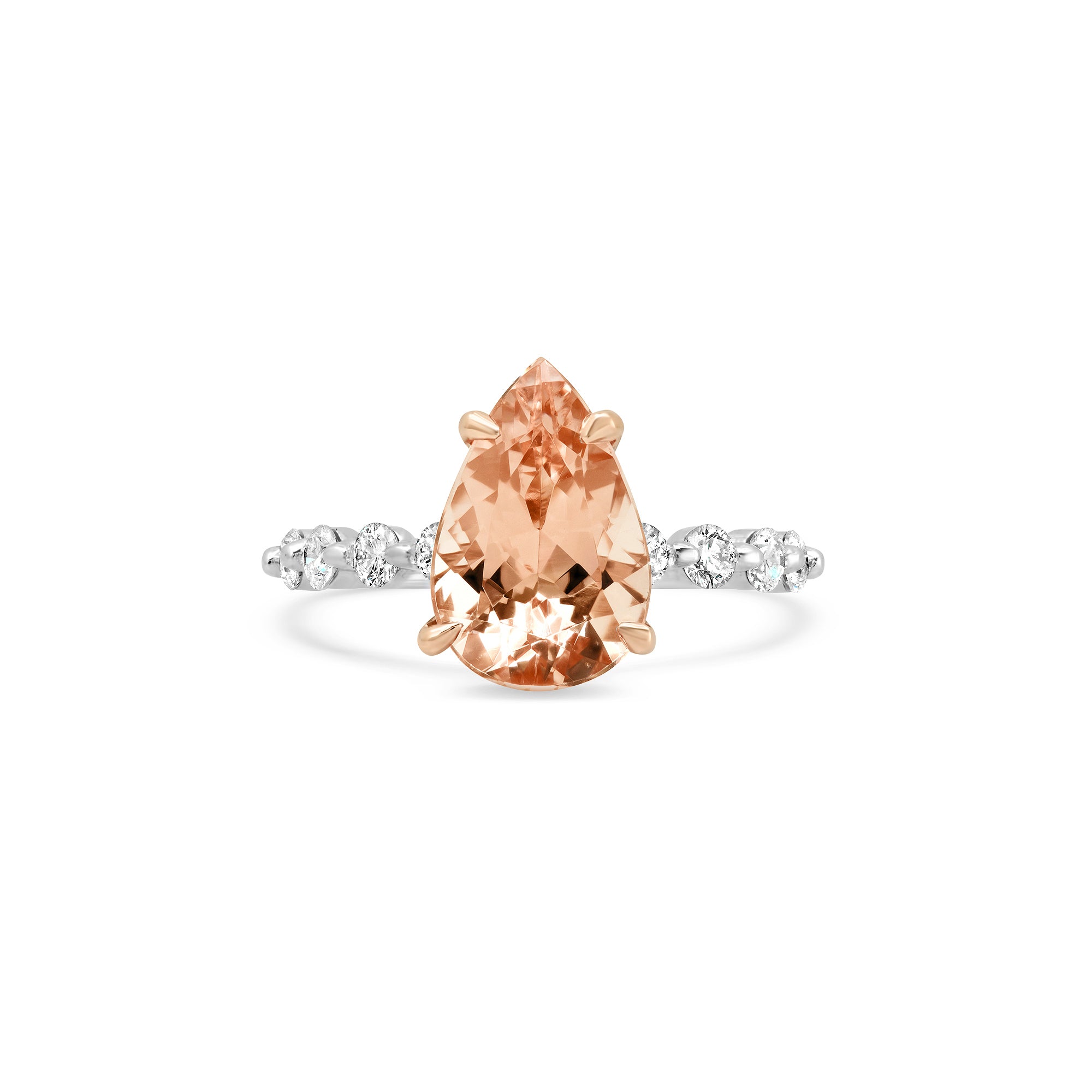 Pear morganite ring with diamond prong band front view