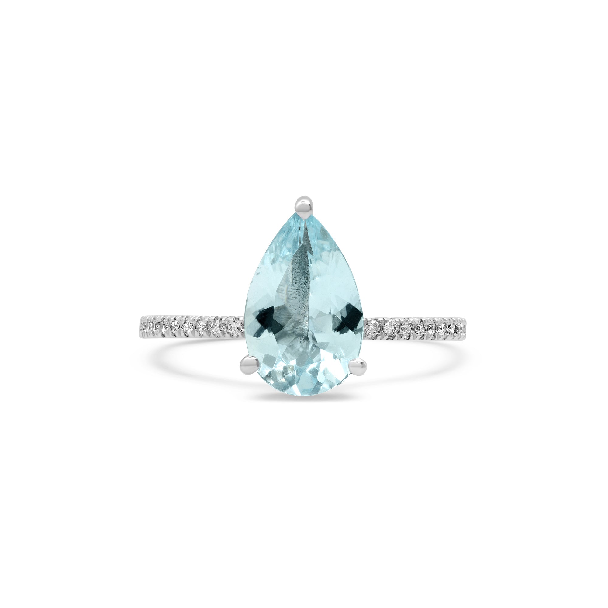Aquamarine Birthstone Ring pear cut with diamond pavé band front view