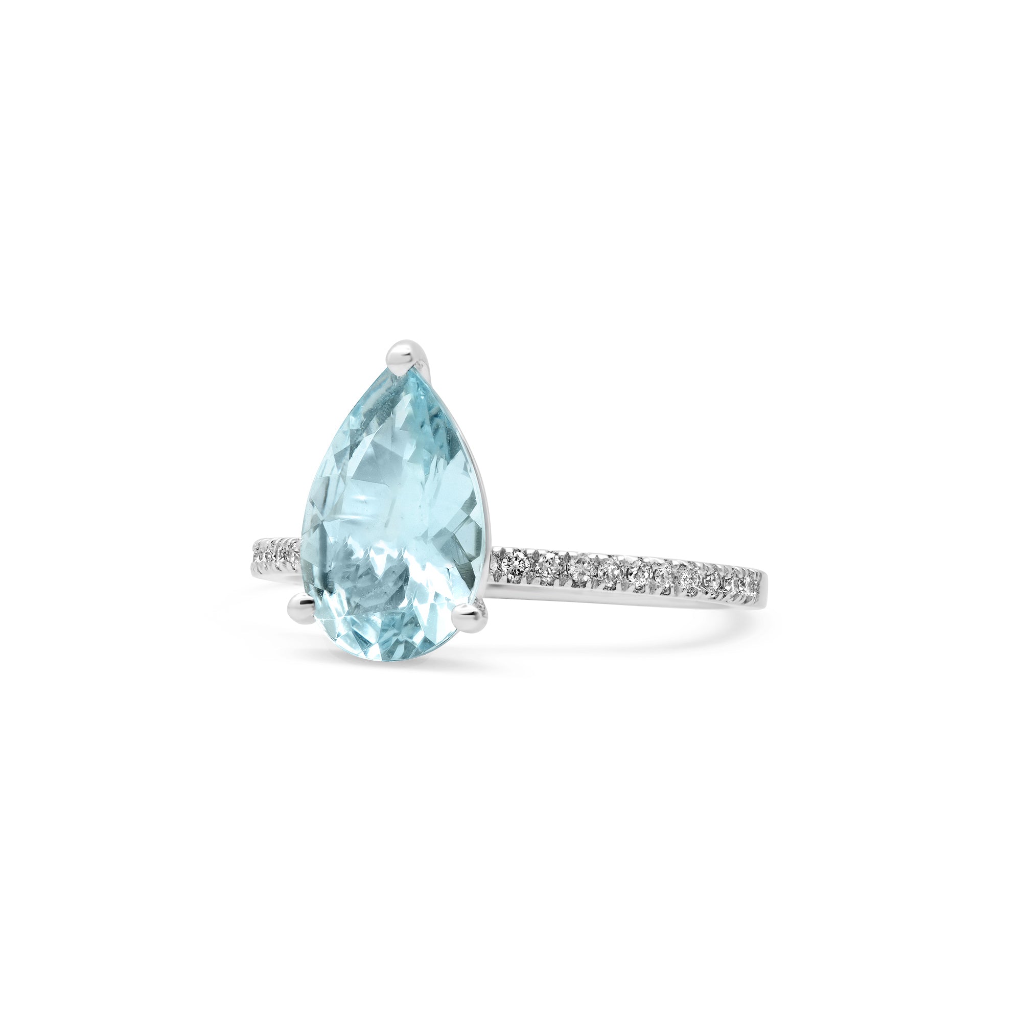 March birthstone ring 1.6ct pear aquamarine with diamond accents in white gold