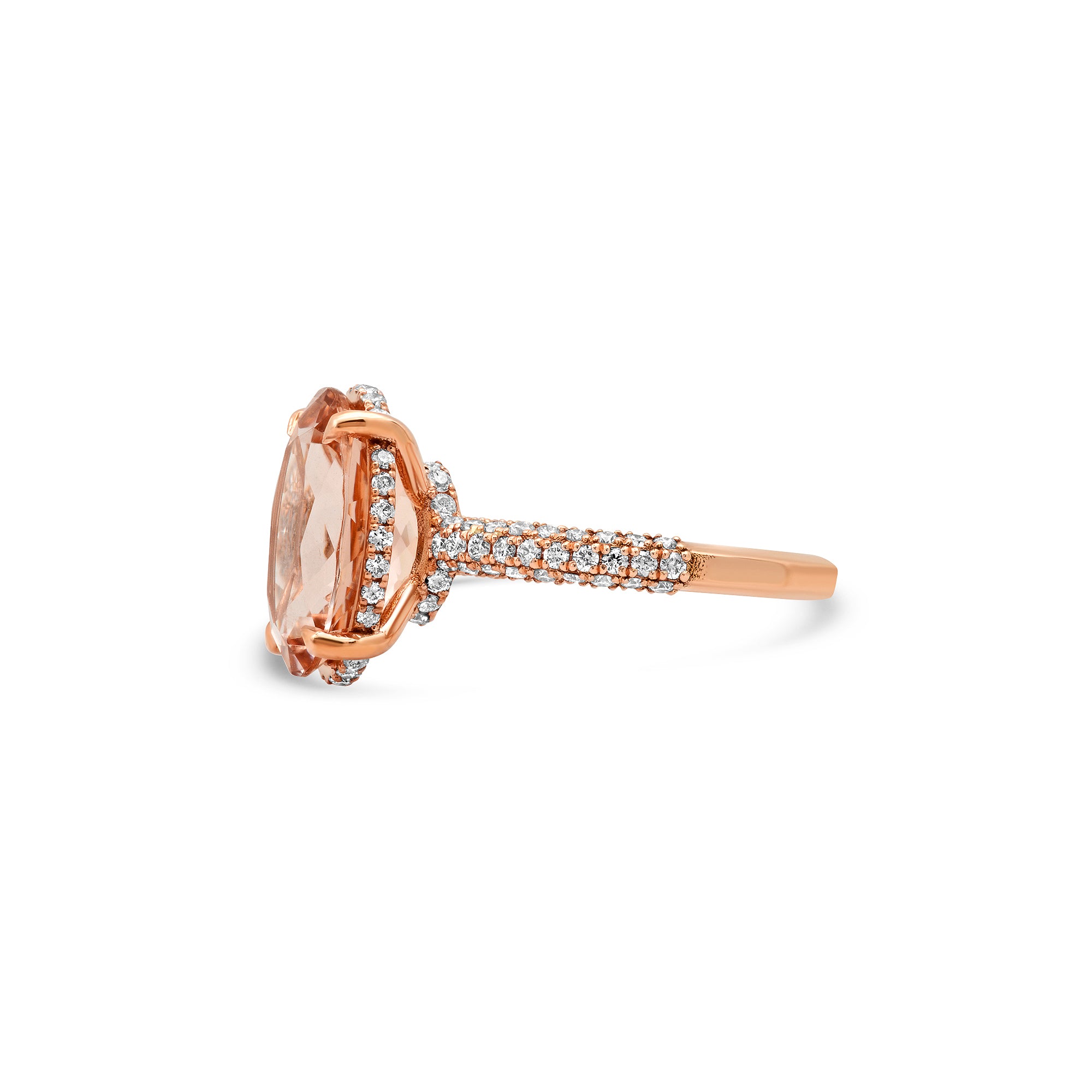 Side View of Peach Morganite Engagement Ring with Pavé Diamond Band