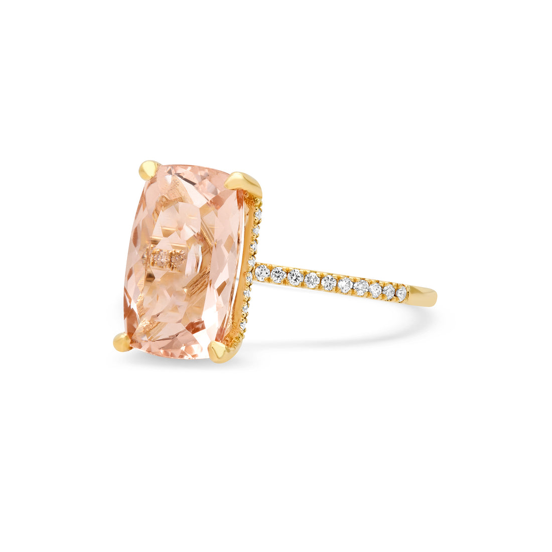 5.5 ct Elongated Cushion Morganite Ring with Diamond Under Halo