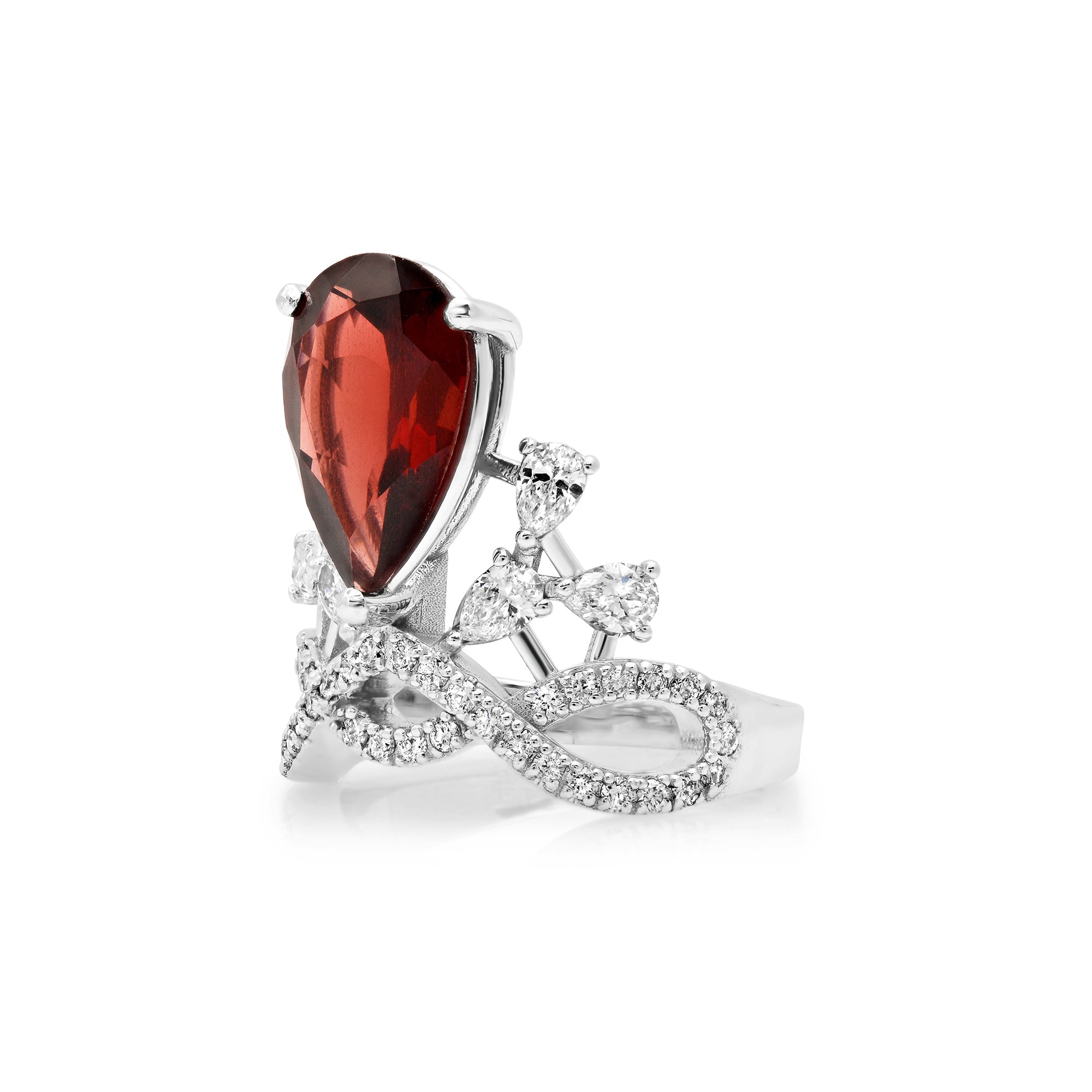 Garnet Statement Ring | Pear Shape with Diamonds Twisted Band