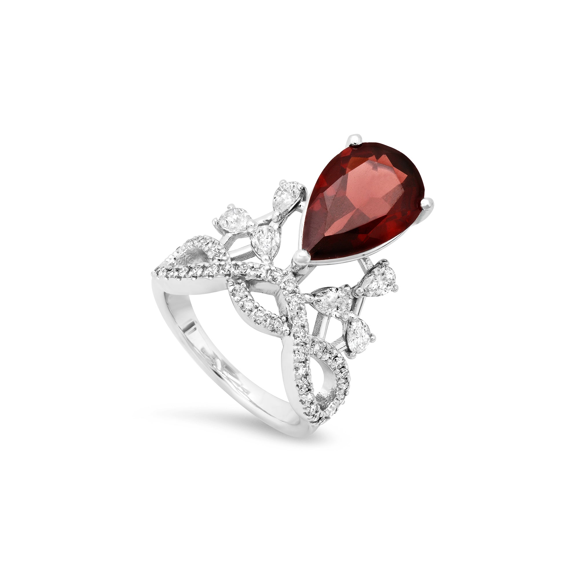Garnet Statement Ring | Pear Shape with Diamonds Twisted Band