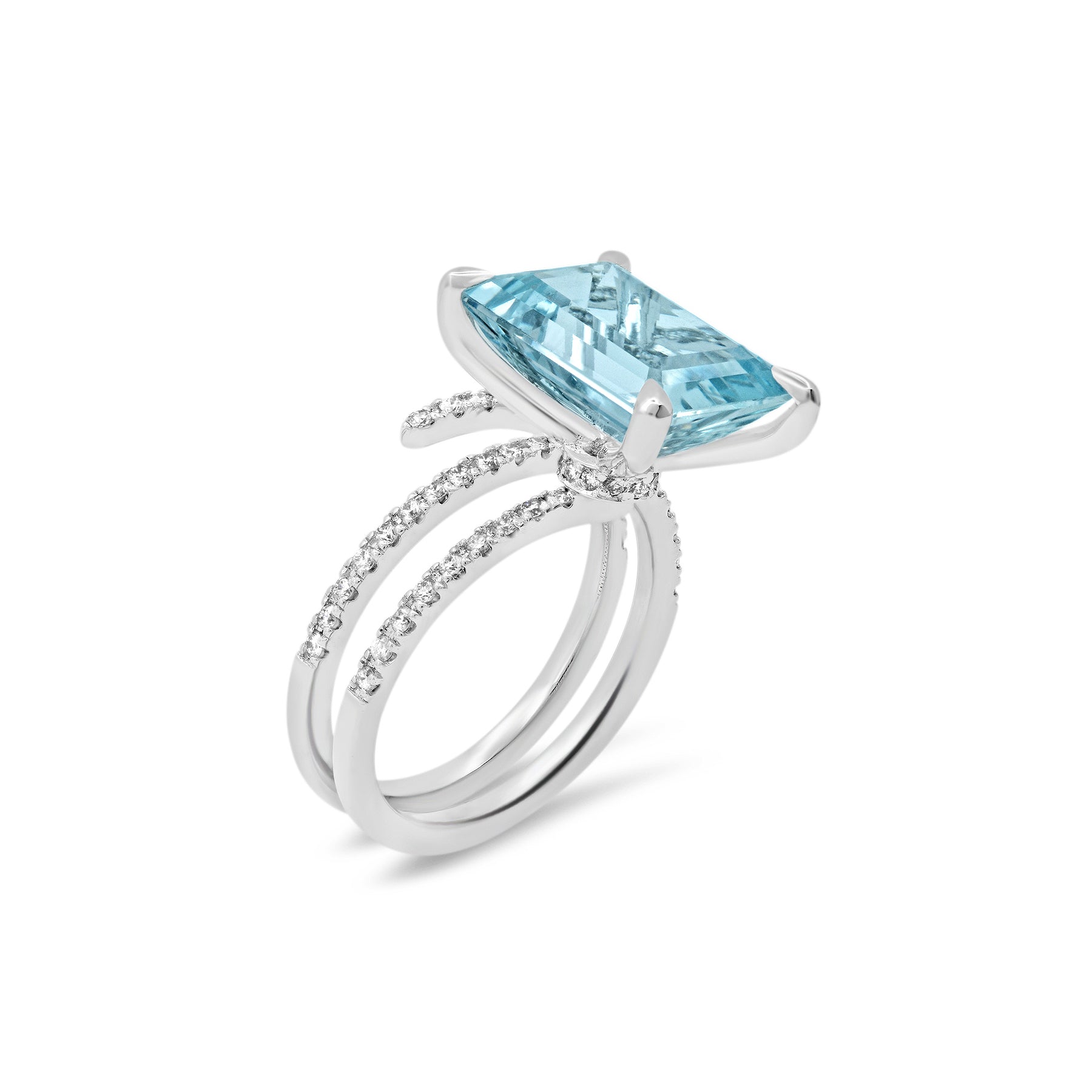 Aquamarine Birthstone Ring | 5ct Emerald Cut Diamond Spiral Band