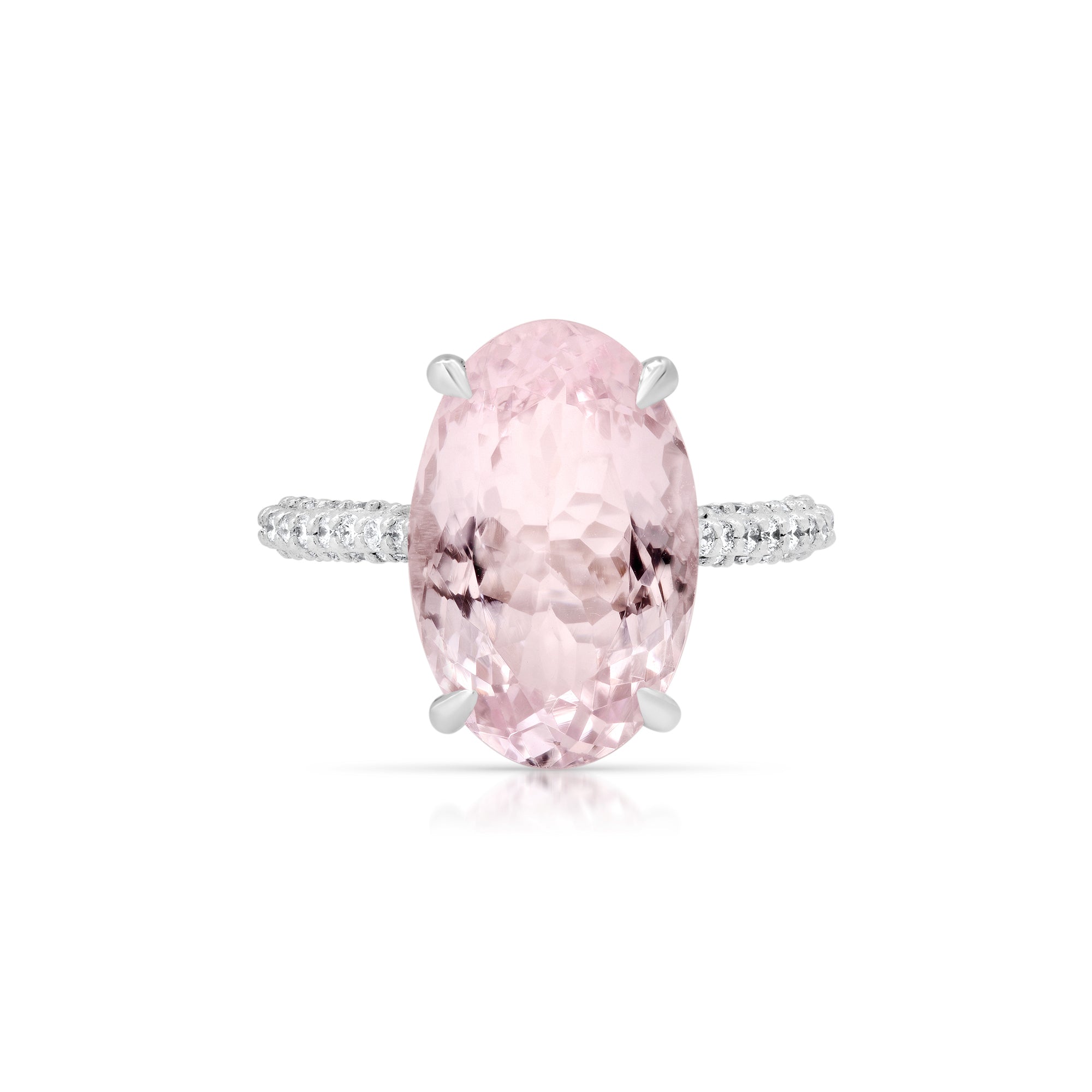 Oval morganite halo ring with double diamond side halo setting