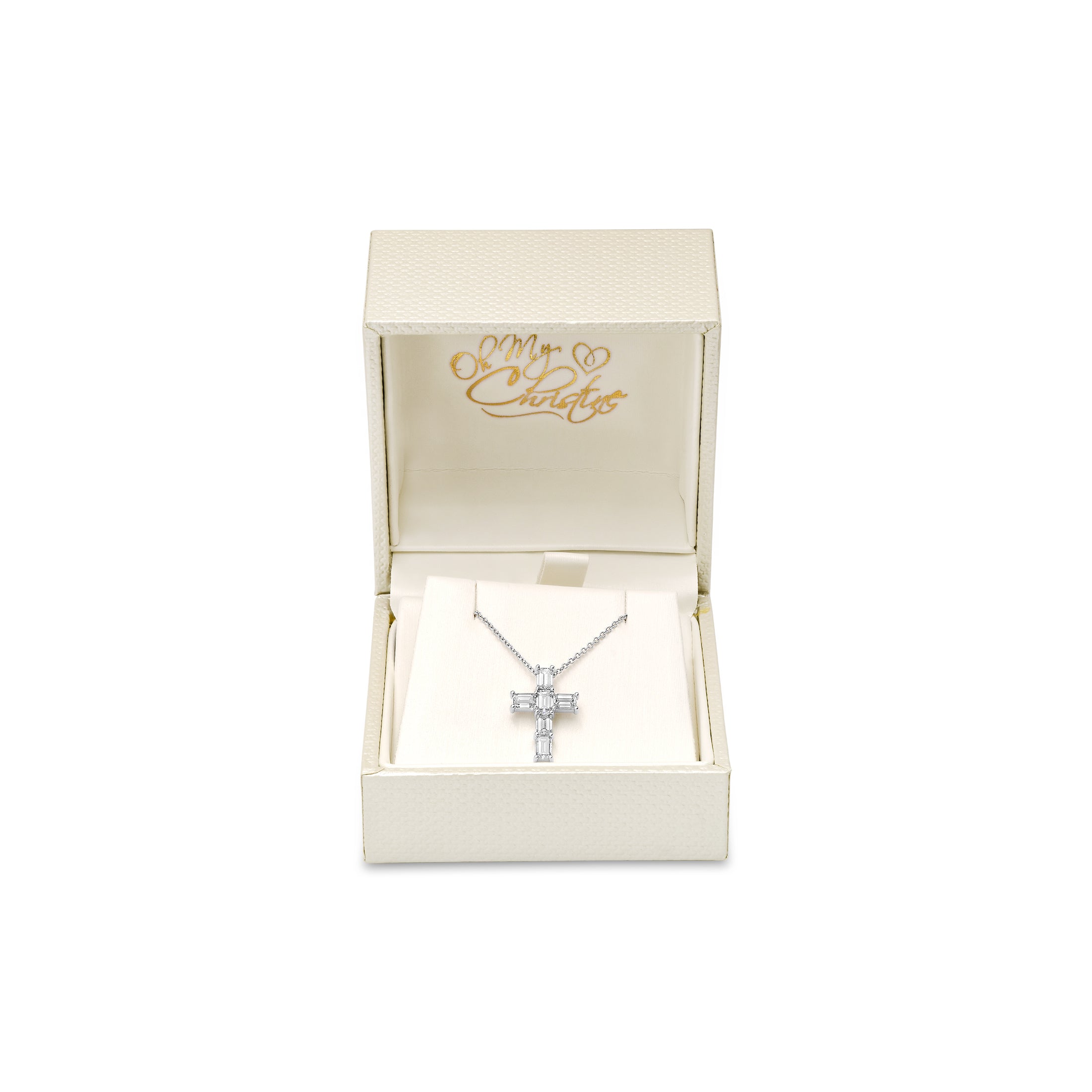 Elegant 1 ct emerald cut diamond cross necklace displayed in a luxurious gift box, perfect for special occasions.