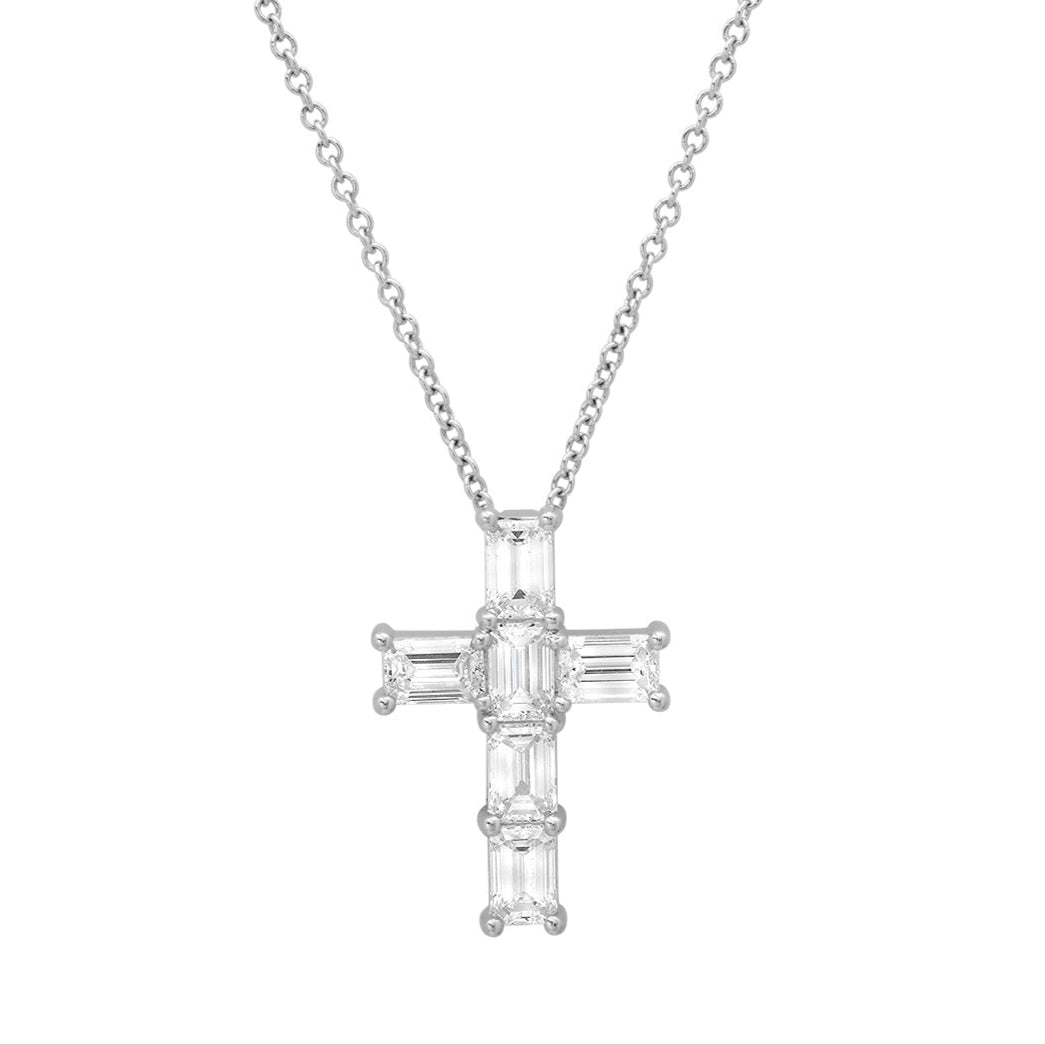 Emerald cut diamond cross necklace in 14K gold setting, featuring luxury natural diamonds.