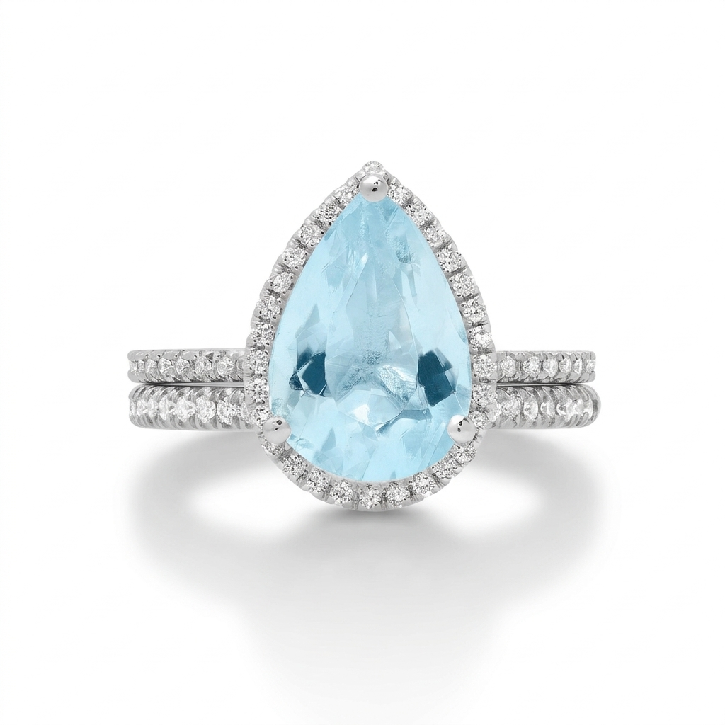 Pear Shape Aquamarine Ring – 3 Ct Diamond Halo & Band in 14K Gold