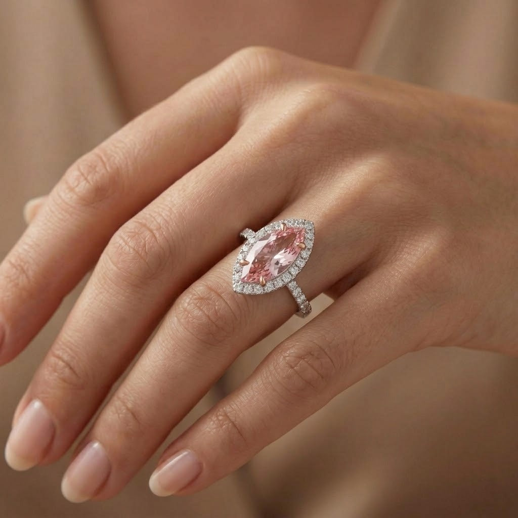 Marquise Cut Morganite Ring – 1.38 Ct Diamond Halo in 14K Gold