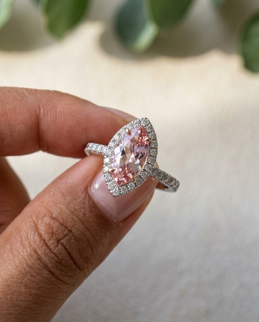 Marquise Cut Morganite Ring – 1.38 Ct Diamond Halo in 14K Gold