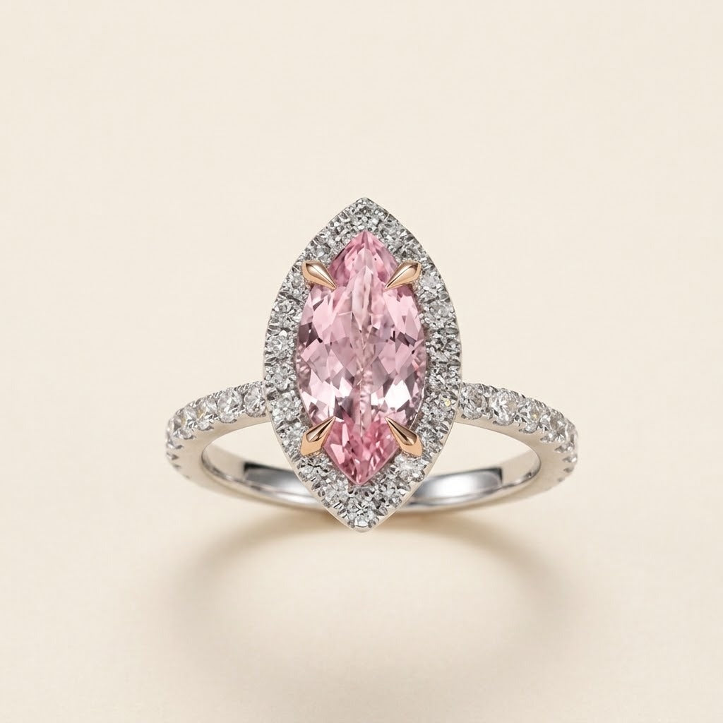 Marquise Cut Morganite Ring – 1.38 Ct Diamond Halo in 14K Gold
