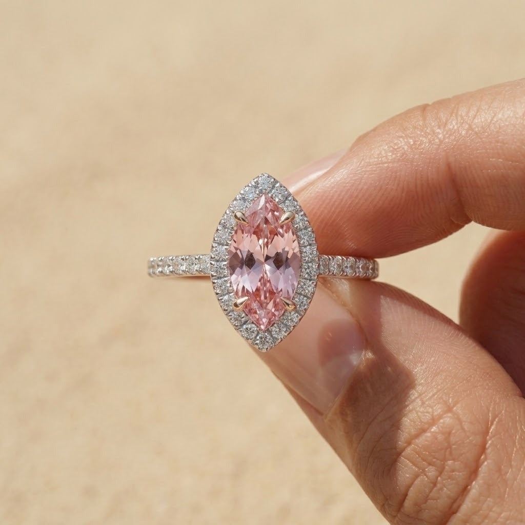 Marquise Cut Morganite Ring – 1.38 Ct Diamond Halo in 14K Gold
