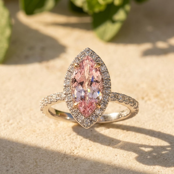 Marquise Cut Morganite Ring – 1.38 Ct Diamond Halo in 14K Gold
