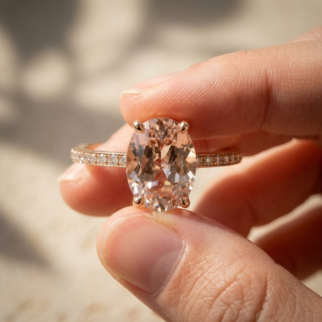Oval Morganite Diamond Halo Ring – 2.5 ct Hidden Halo in 14K Rose Gold