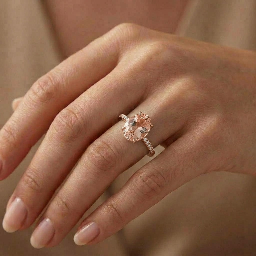 Oval Morganite Diamond Halo Ring – 2.5 ct Hidden Halo in 14K Rose Gold