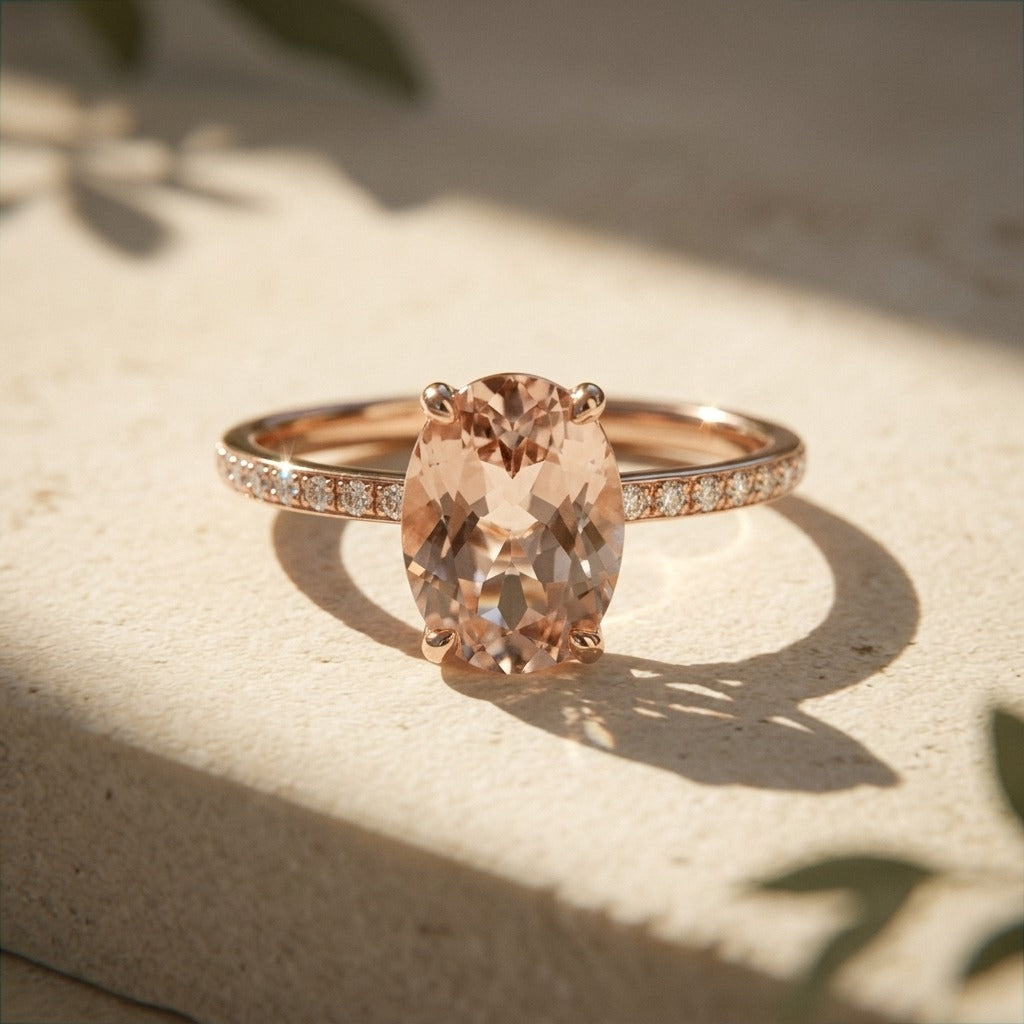 Oval Morganite Diamond Halo Ring – 2.5 ct Hidden Halo in 14K Rose Gold