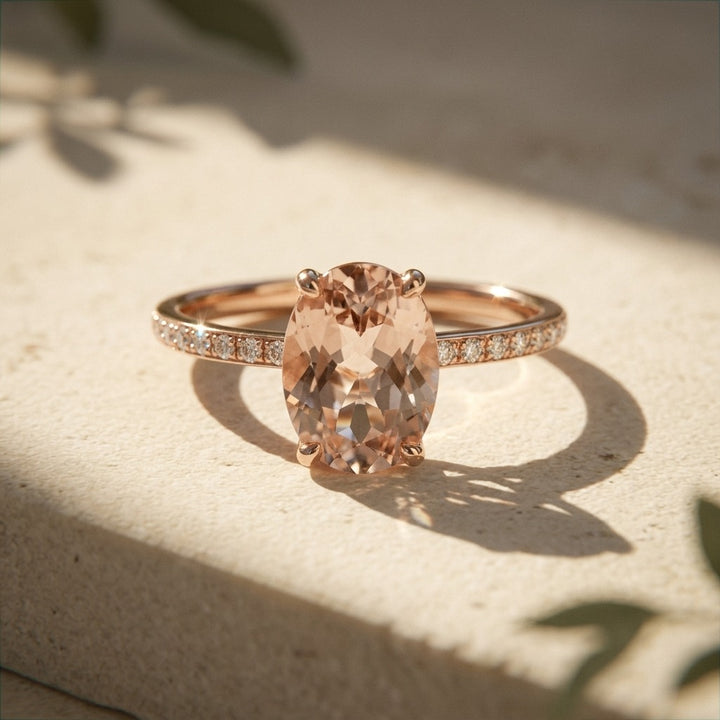 Oval Morganite Diamond Halo Ring – 2.5 ct Hidden Halo in 14K Rose Gold