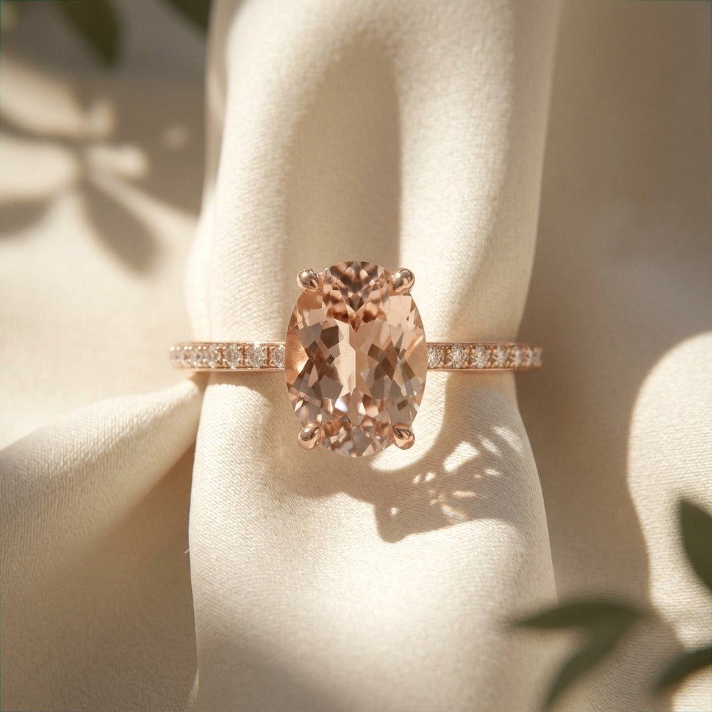 Oval Morganite Diamond Halo Ring – 2.5 ct Hidden Halo in 14K Rose Gold
