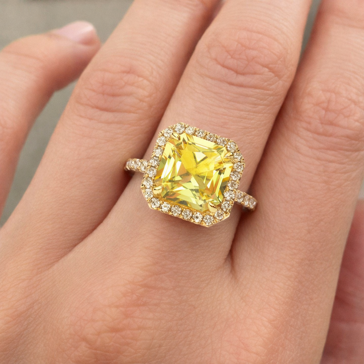 Radiant Cut Yellow Citrine Ring with Diamond Halo / Luxury Rings / Luxury Jewelry / Special Gift / November BirthStone Ring