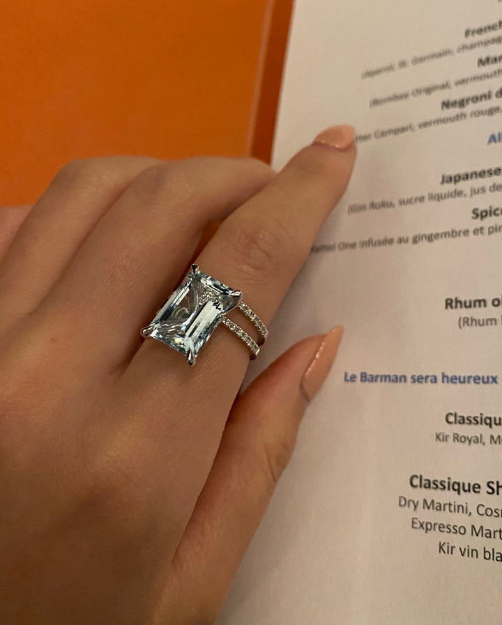 Aquamarine Birthstone Ring | 5ct Emerald Cut Diamond Spiral Band