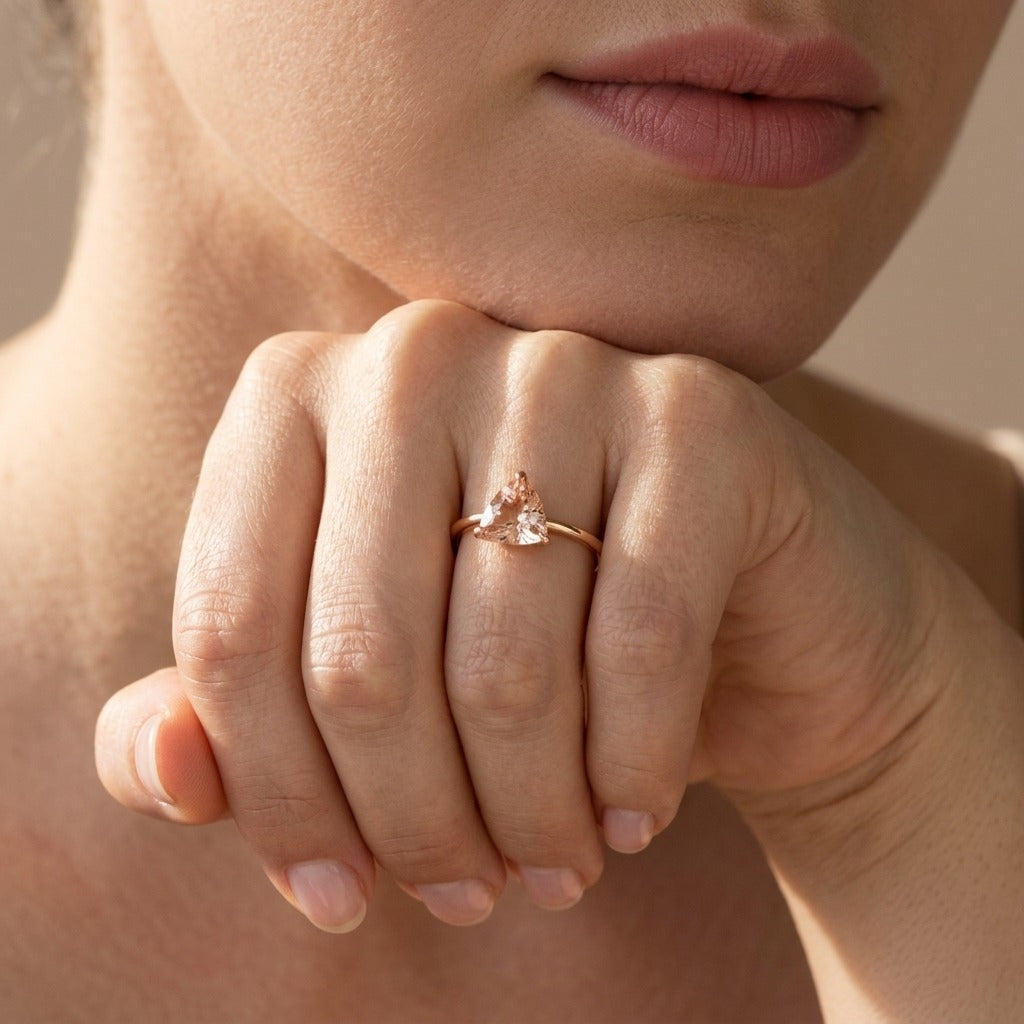 Trillion Cut Peach Morganite Ring – 0.65 ct in 14K Gold