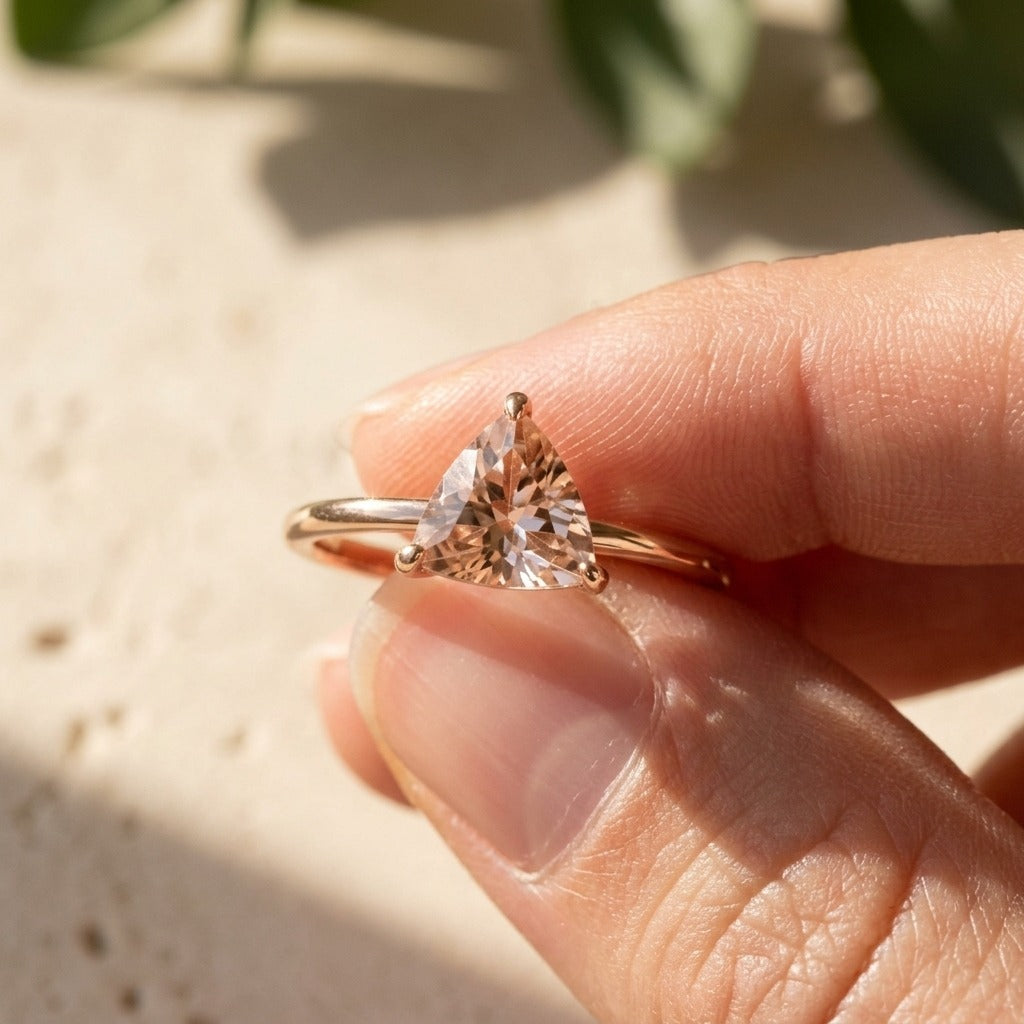 Trillion Cut Peach Morganite Ring – 0.65 ct in 14K Gold