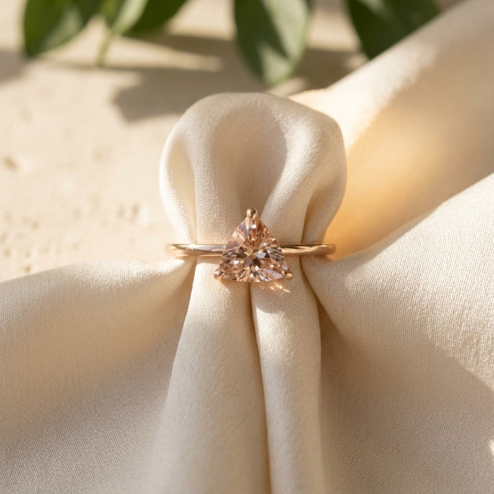 Trillion Cut Peach Morganite Ring – 0.65 ct in 14K Gold