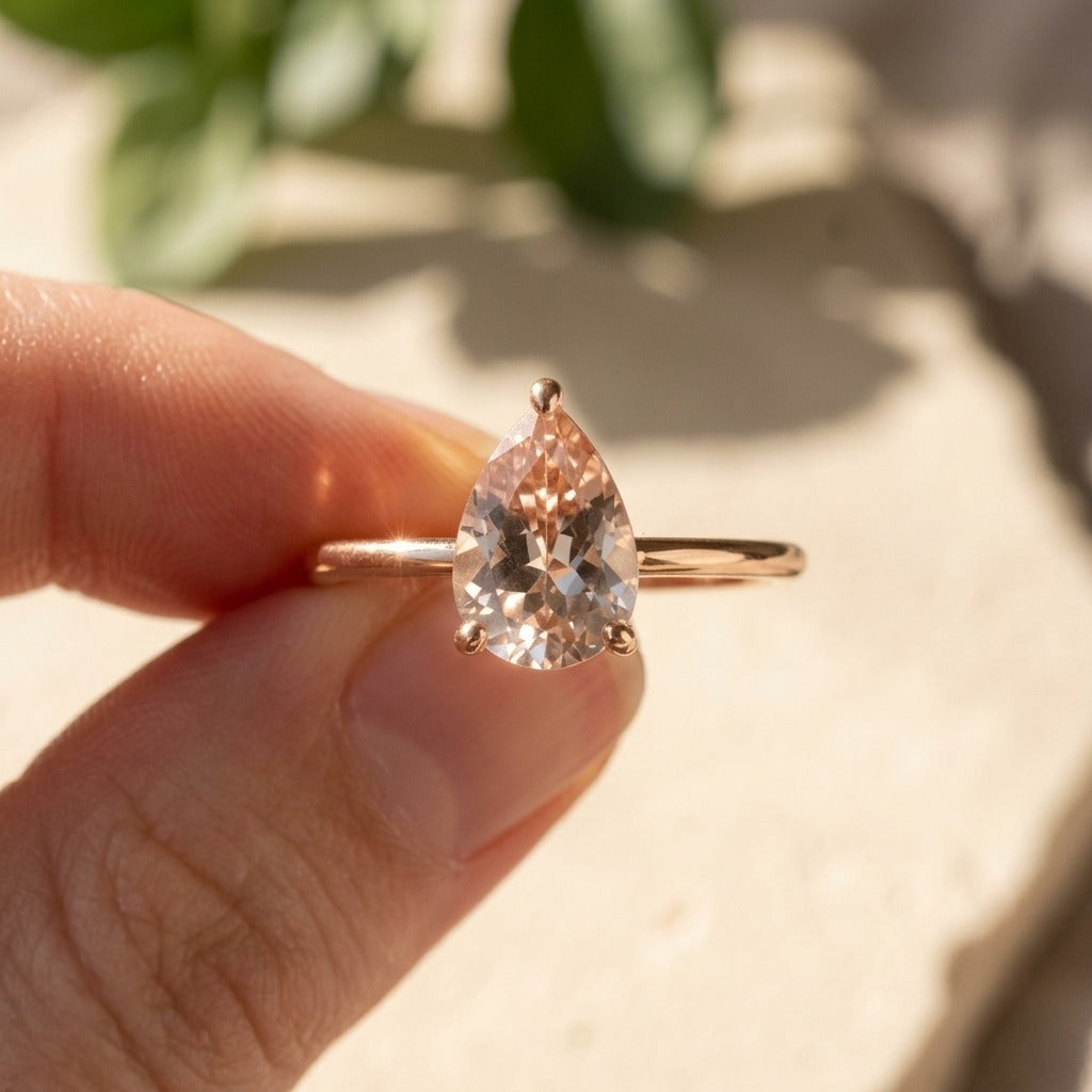 Pear Shape Morganite Engagement Ring – 1 Ct with Diamond Side Halo