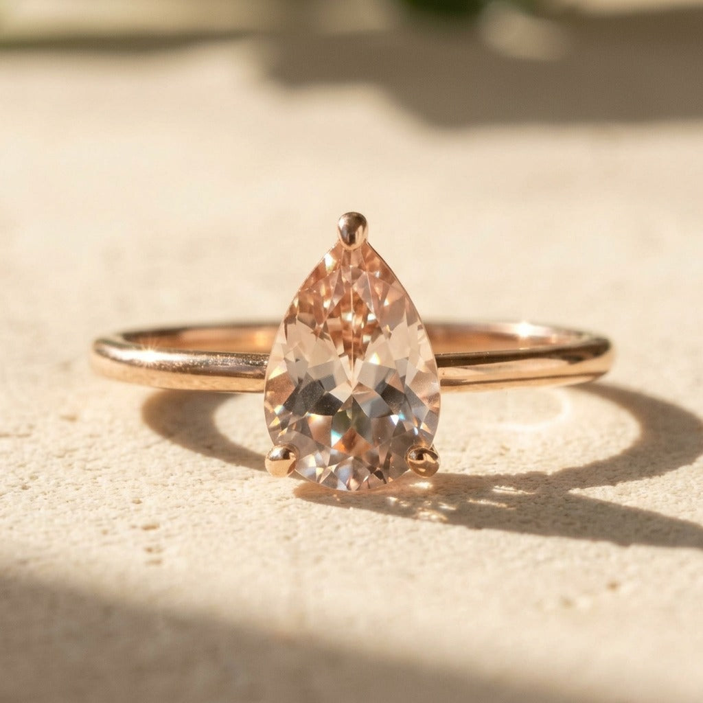 Pear Shape Morganite Engagement Ring – 1 Ct with Diamond Side Halo