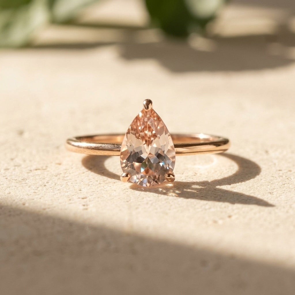Pear Shape Morganite Engagement Ring – 1 Ct with Diamond Side Halo