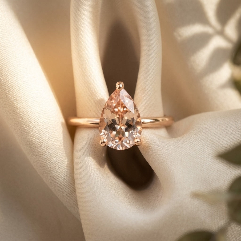 Pear Shape Morganite Engagement Ring – 1 Ct with Diamond Side Halo