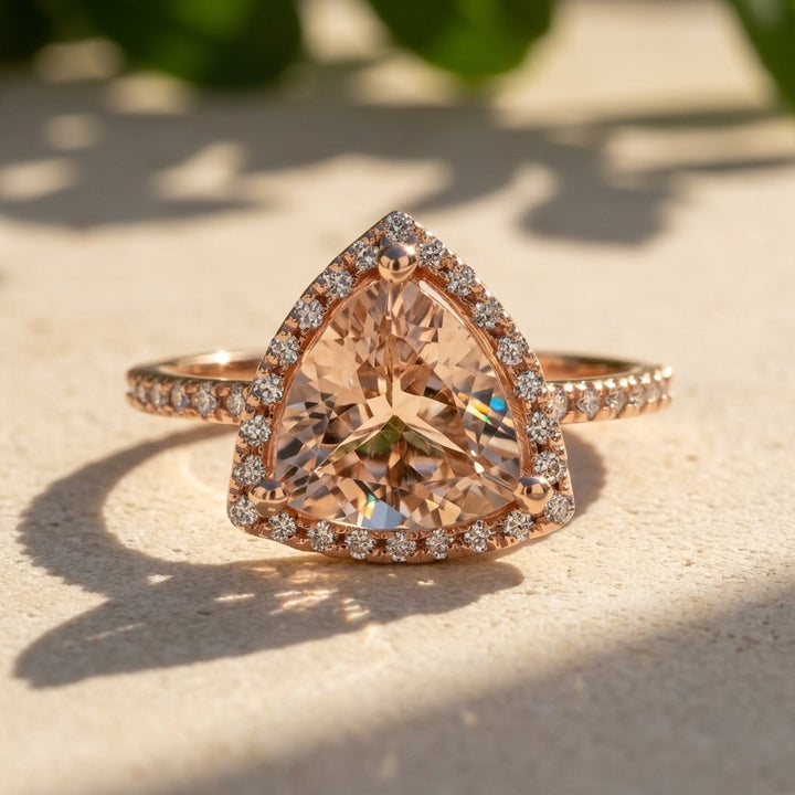 Trillion Morganite Ring | 2ct with Diamond Halo & Band