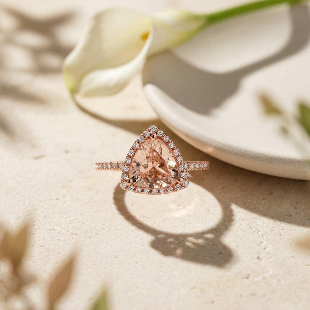 Trillion Morganite Ring | 2ct with Diamond Halo & Band