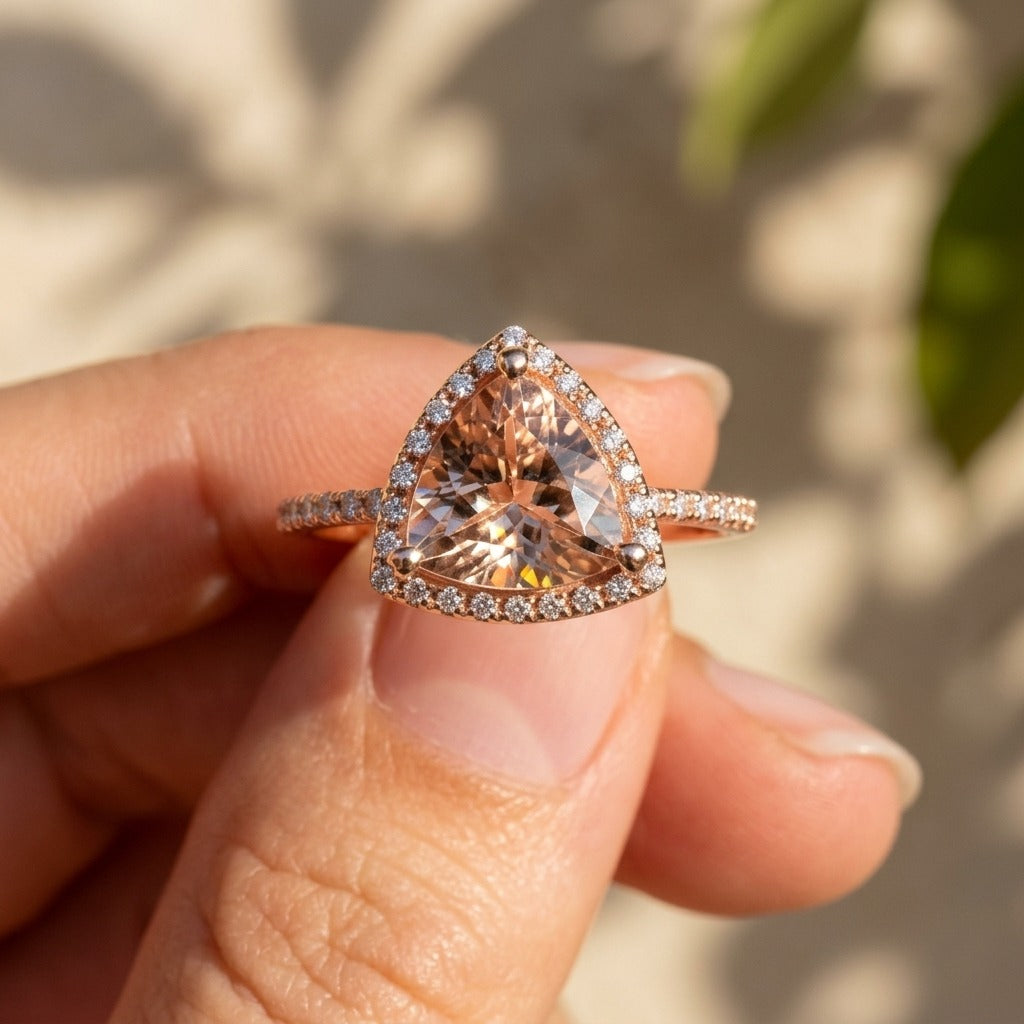 Trillion Morganite Ring | 2ct with Diamond Halo & Band