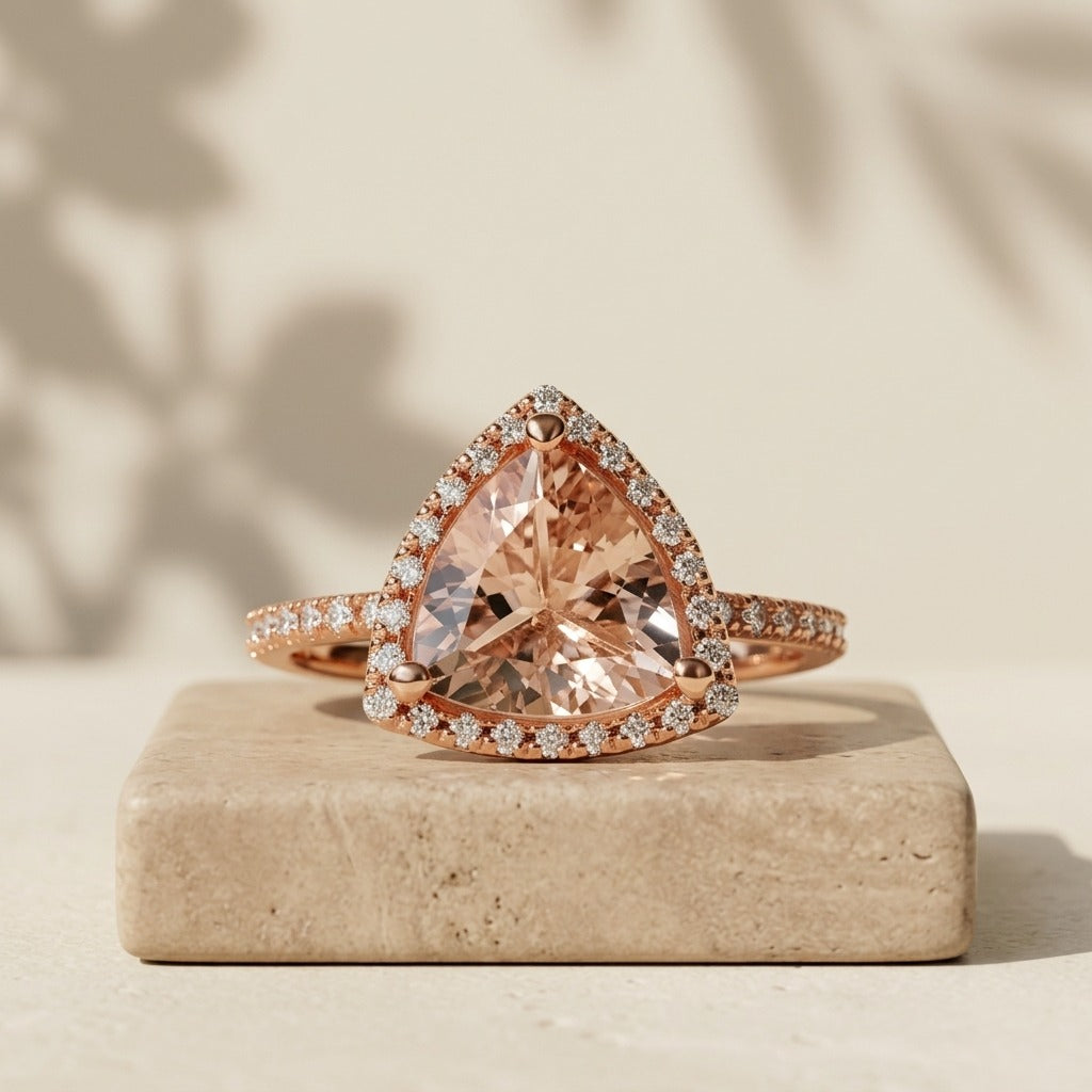 Trillion Morganite Ring | 2ct with Diamond Halo & Band
