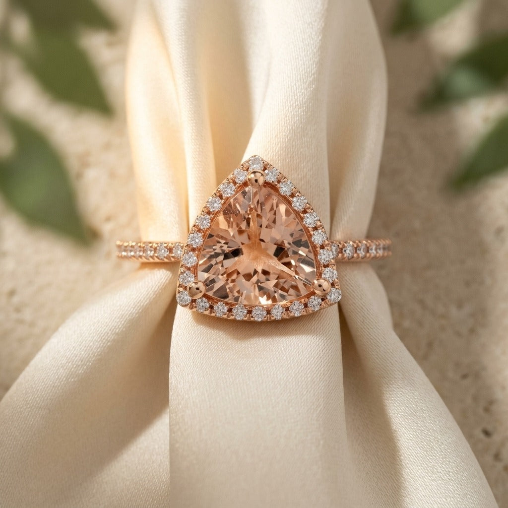 Trillion Morganite Ring | 2ct with Diamond Halo & Band