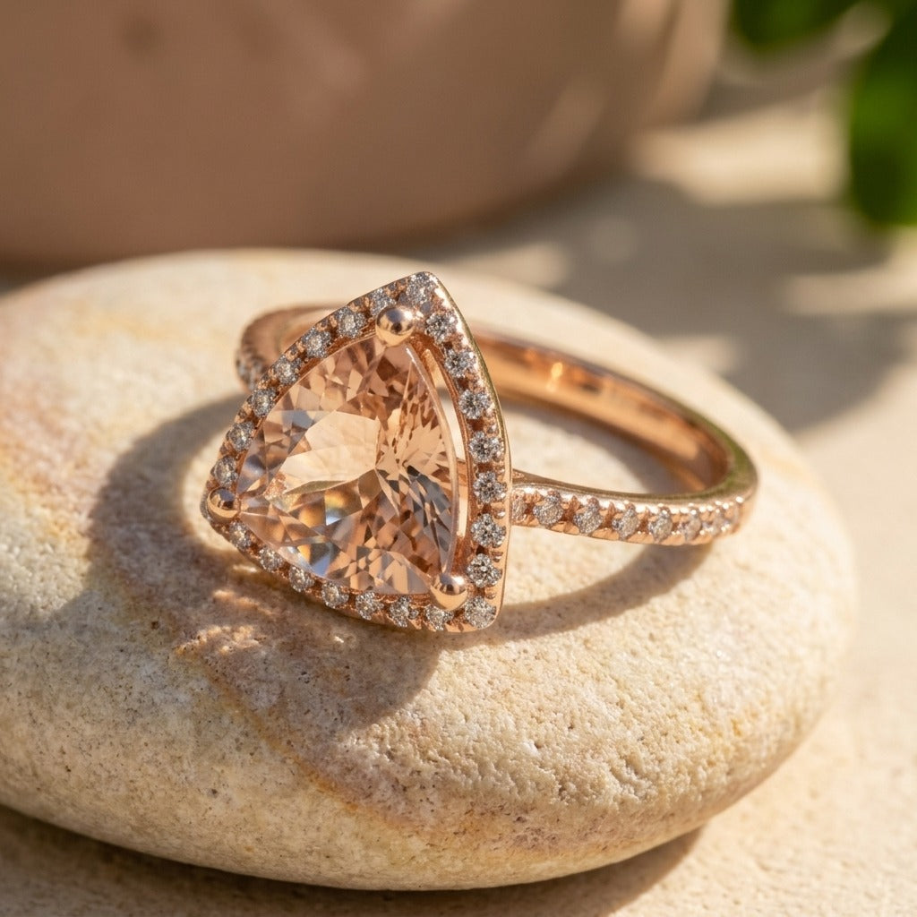 Trillion Morganite Ring | 2ct with Diamond Halo & Band